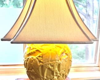 Mustard Yellow Brutalist Ceramic Table Lamp with Asian Carved Base