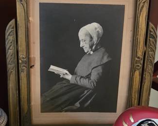 Black & White Portrait Photograph of Elderly Woman Reading in Carved Wood Frame