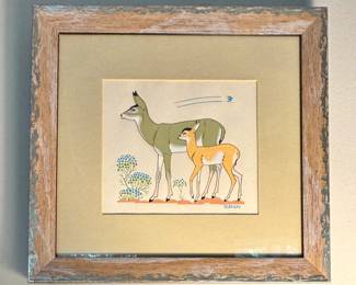 Harrison Begay Navajo Deer & Fawn Southwest Art Print in Rustic Wood Frame
