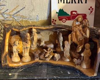 Vintage hand carved nativity scene olive wood