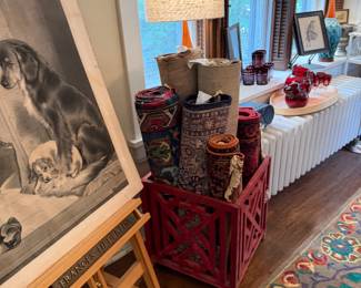 Red Painted Wood Lattice Magazine Rack, Rug Storage Crate, Decorative Blanket Bin, Frances Jerding Adjustable Solid Wood Artist Studio Easel, Folding Display Easel,
