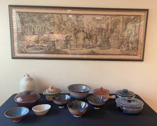 Beautiful tapestry.  Pottery Bowls