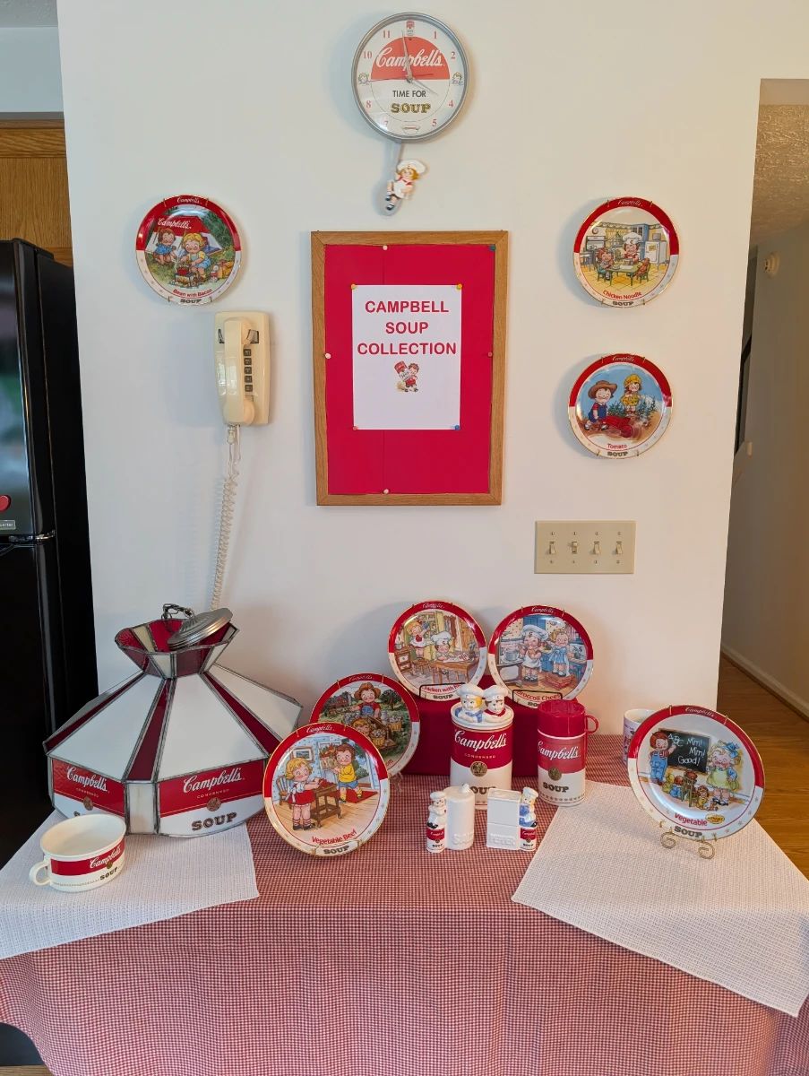 Campbell Soup collection including a hanging lamp, plates, mugs, etc.