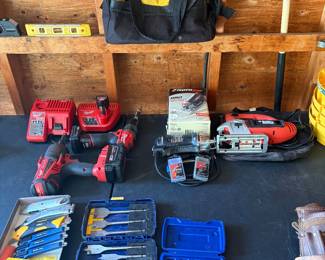 Milwaukee 18v combo drills with chargers, roto zip tool, black and decker jig saw and more.