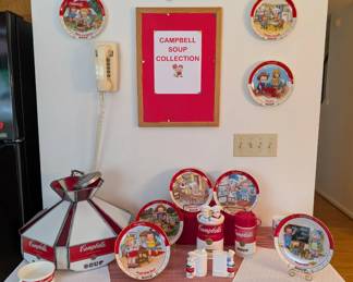 Campbell Soup collection including a hanging lamp, plates, mugs, etc.