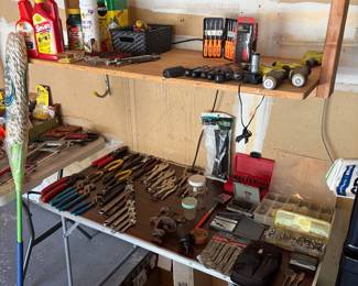 Sets of Channel locks, needle nose, tool kits, drill bits and lawn care. 