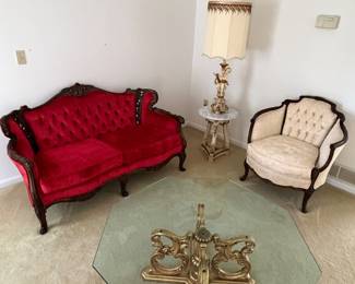 Victorian barrel chair, Italian marble pedestal table, and one of a pair of  pristine settees