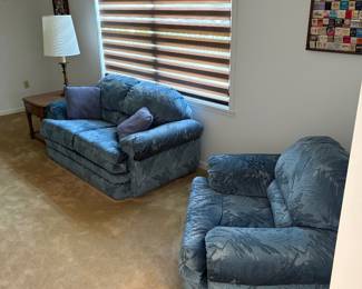 2 of a set of 3 pc living room set, matching end table and end table lamp and two framed matchbox collections.