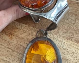 Gorgeous Large Amber Pendant & Cuff Bracelet