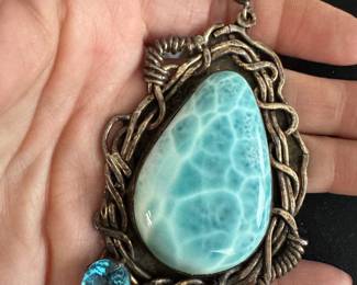 Large Larimar & Topaz Pendant Signed