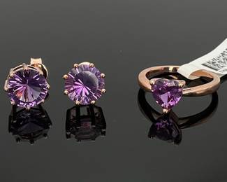 Rose Gold Purple Sapphire Ring and Amethyst Earrings