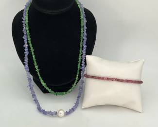 Amethyst and Tsavorite Garnet Chip Necklaces with Pink Tourmaline Chip Bracelet