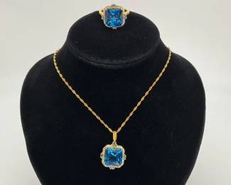 London Blue Topaz and White Zircon Gold Over Silver Ring and Necklace Set