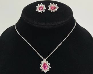 Sterling Silver & Pink Spinel Necklace and Earring Set