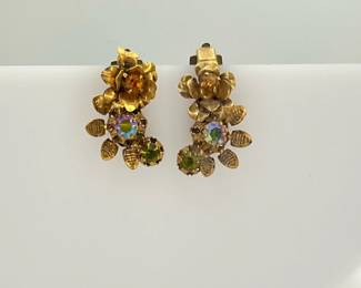 Vintage Bronze Tone Austrian Crystal Clip Earrings