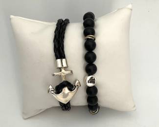 Black Onyx and Black Leather Bracelets with Silver Accents