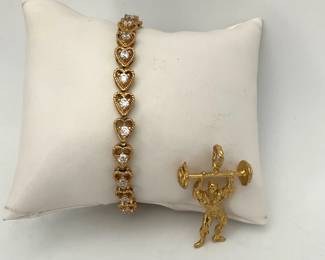 Heart Tennis-Style Bracelet and Weightlifter Pendant
