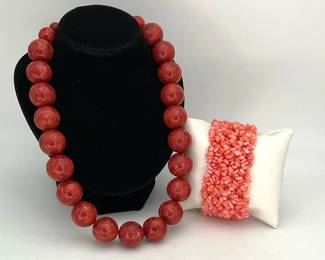 Red Coral Necklace and Pink Bamboo Coral Bracelet