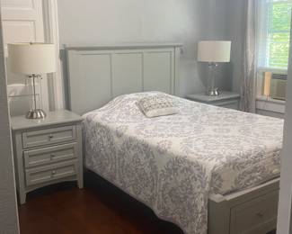 Gray paneled headboard/footboard plus bed frame