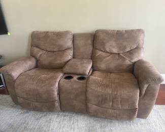 Double recliner sofa with storage & cup holders