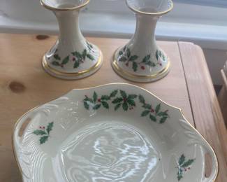 Lenox Christmas candlesticks & dish