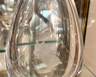 Sweden Art Crystal Vase with Engraved Hare Sculpture