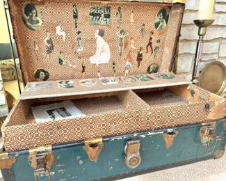 World War I,  Era Steamer Trunk with Original 1920s Flapper & Silent Film Collage Interior