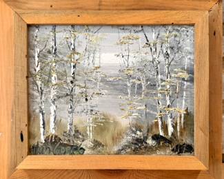 Original Impressionist Birch Forest Landscape Oil Painting in Rustic Wood Frame