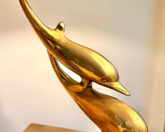 Hollywood Regency Brass Dolphin Sculpture on Wave Base