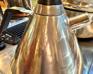 Modernist Brushed Stainless Steel Sculptural Tea Kettle with Black Finial