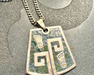 Sterling Silver Taxco Mosaic Pendant Necklace – Aztec Design