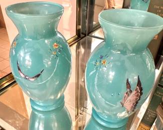 Pair of Hand-Painted Turquoise Art Pottery Butterfly Vases