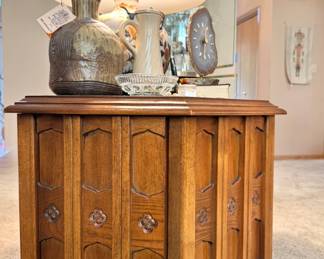 Modern Brutalist Oak End Table, Carved Geometric Accent Cabinet