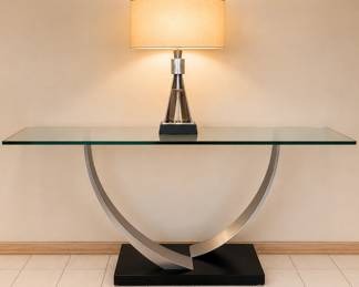 Contemporary Sculptural Glass Console Table with Brushed Stainless Steel Architectural Base