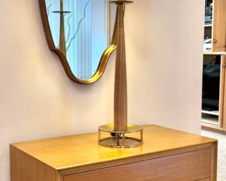 Stiffel Mid-Century Modern Walnut & Brass Table Lamp with Original Shade