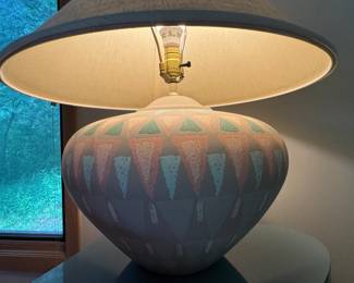 1980s Postmodern Geometric Ceramic Table Lamp with Original Shade