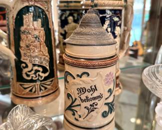 German Stoneware Beer Stein with Pewter Lid
