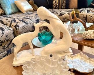 Figurative Woman and Deer Sculpture, Contemporary Cast Stone Art Statue