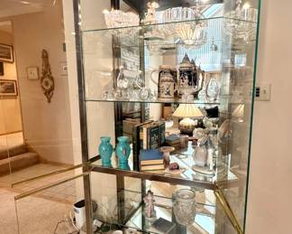 Contemporary Illuminated Glass Curio Display Cabinet with Mirrored Back