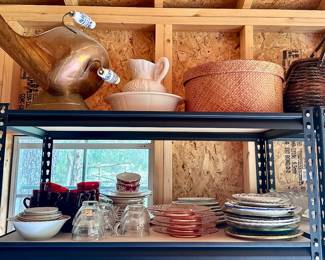 Vintage plate decor ware, baskets, pitcher basin (brass wood holder gone)