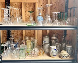Vintage and antique glass sets and individual pieces on bottom - steins etc