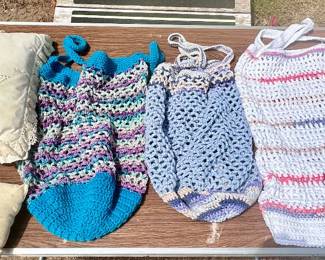 Vintage decor pillows and hand crocheted grocery beach tote bags