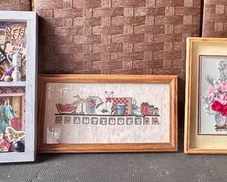 Vintage shadow box, cross stitch, silk floral, print