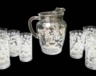 Anchor Hocking Southern Bell Glass Pitcher w Tumblers