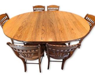 Oak Dining Table w Leaf 6 Antique Cane Seat Chairs