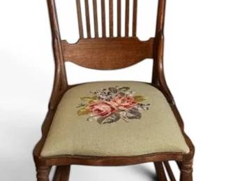 Rocking Chair W Floral Embroidered Needlepoint Seat