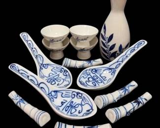 Canton Express Double Happiness Porcelain Spoons, Chopstick Rests, Sake Bottle, Cups