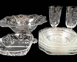 Clear Depression Glass Serving Bowl, Plates, Footed Glasses