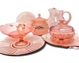 Pink Depression Glass And HandPainted Satin Dishes