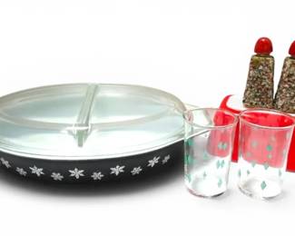 Pyrex Snowflake Divided Casserole Dish, Refrigerator Dish, Atomic Juice Glasses, Confetti Shakers